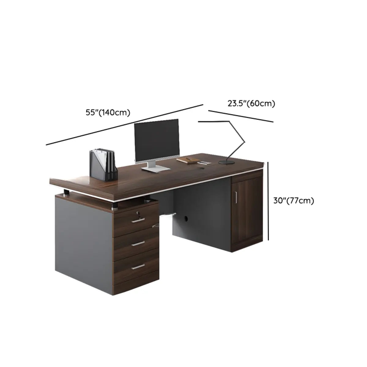 Executive Brown Wooden Cabinet Drawer Computer Desk Image - 17