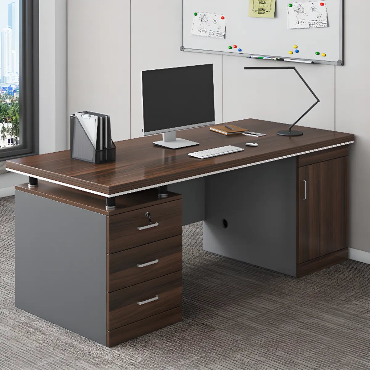 Executive Brown Wooden Cabinet Drawer Computer Desk Image - 2