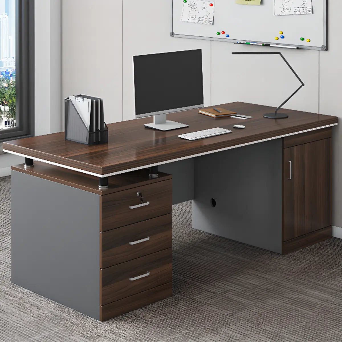 Executive Brown Wooden Cabinet Drawer Computer Desk Image - 3