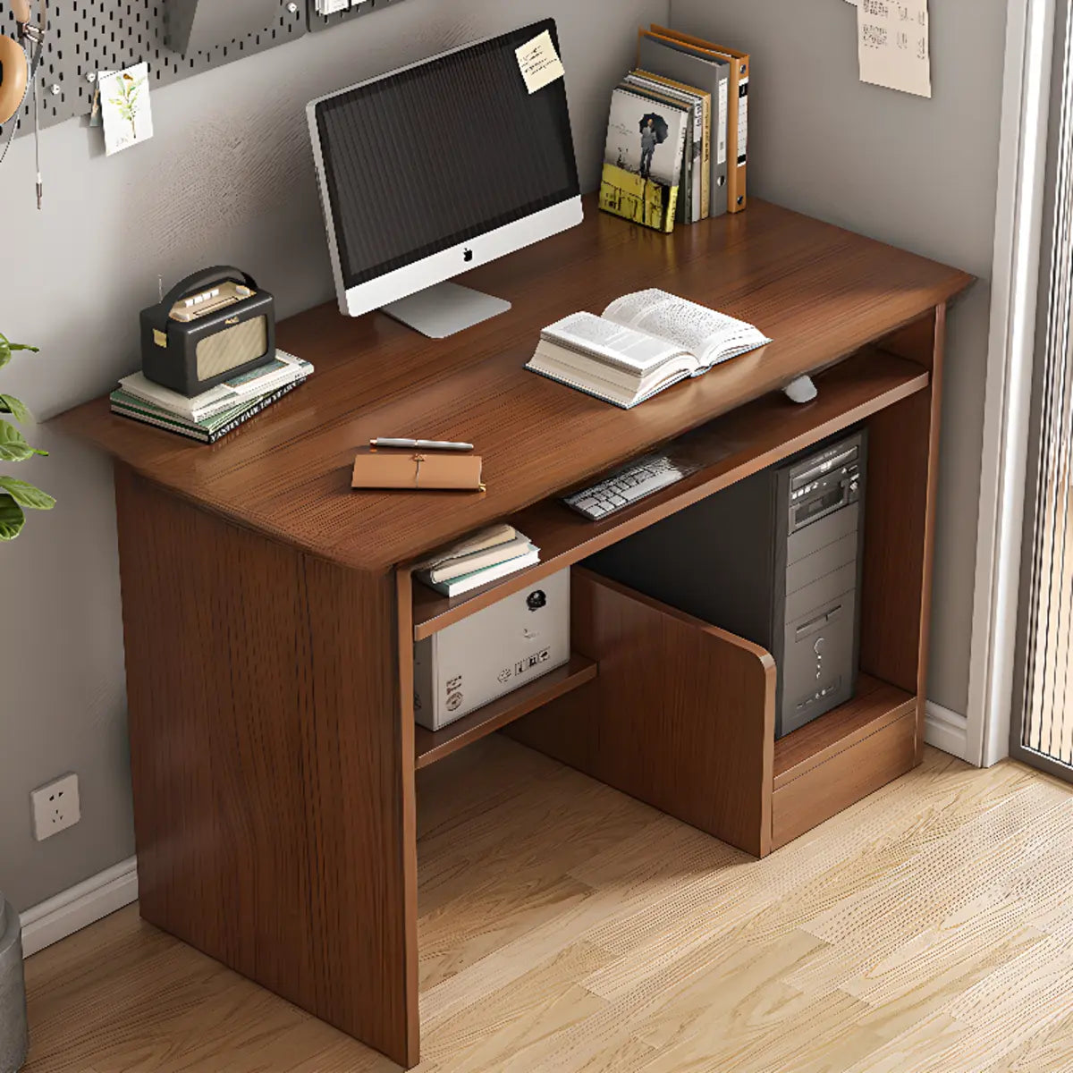 Executive Brown Wooden Cabinet Drawer Computer Desk Image - 5