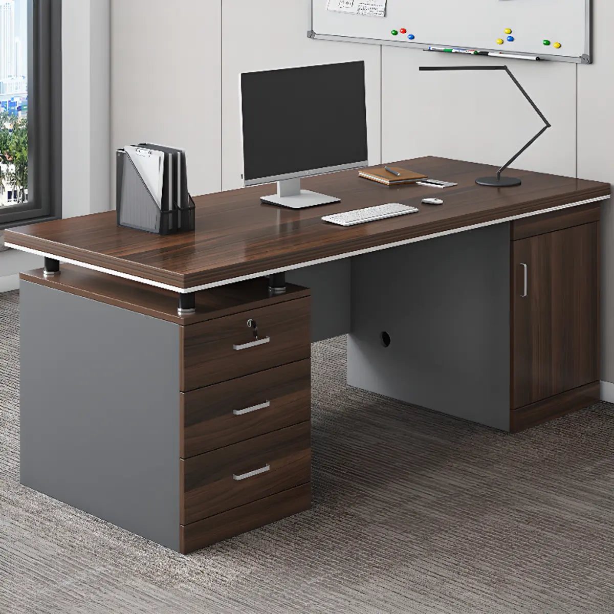 Executive Brown Wooden Cabinet Drawer Computer Desk Image - 7