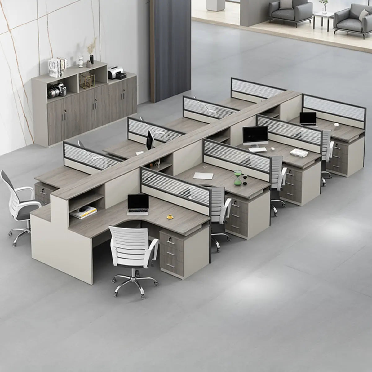 Executive L-Shaped Gray Wood Large Storage Office Desk Set Image - 1