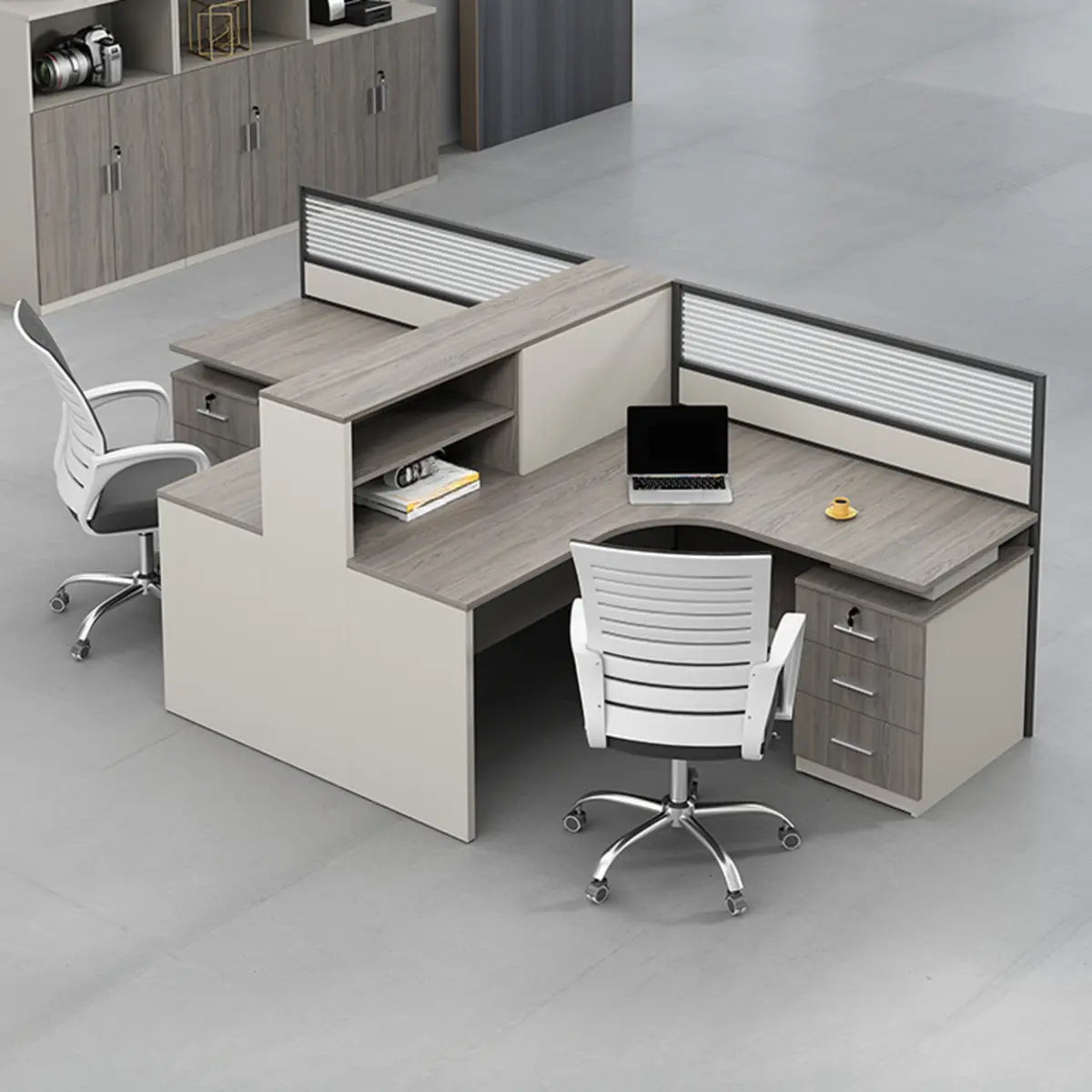 Executive L-Shaped Gray Wood Large Storage Office Desk Set Image - 17