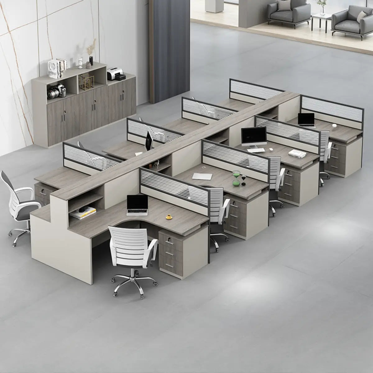 Executive L-Shaped Gray Wood Large Storage Office Desk Set Image - 18