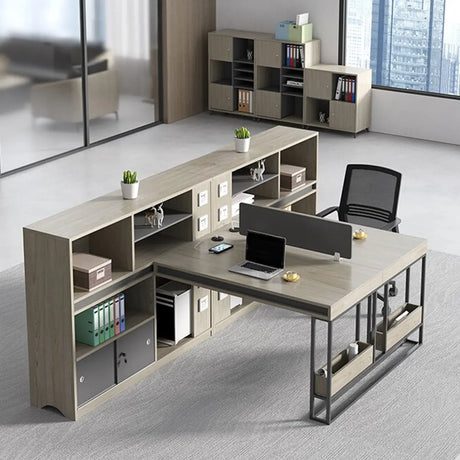 Executive L-Shaped Wood Gray Large Storage Office Desk Set Image - 1