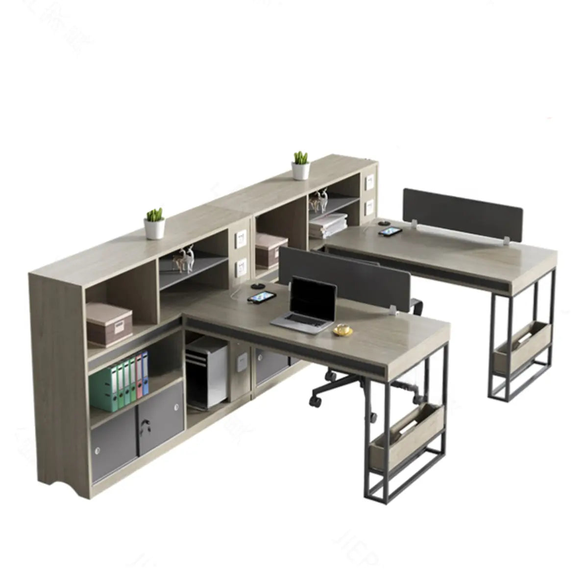 Executive L-Shaped Wood Gray Large Storage Office Desk Set Image - 2