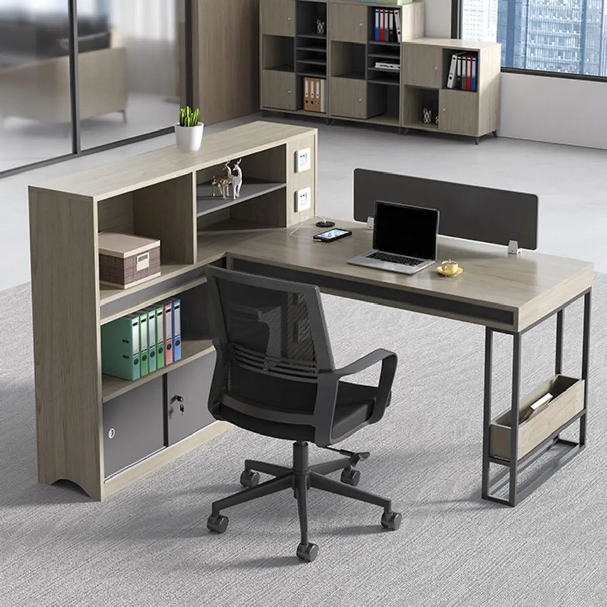 Executive L-Shaped Wood Gray Large Storage Office Desk Set Image - 4