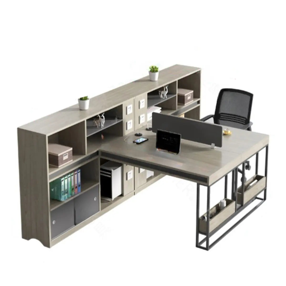 Executive L-Shaped Wood Gray Large Storage Office Desk Set Image - 7