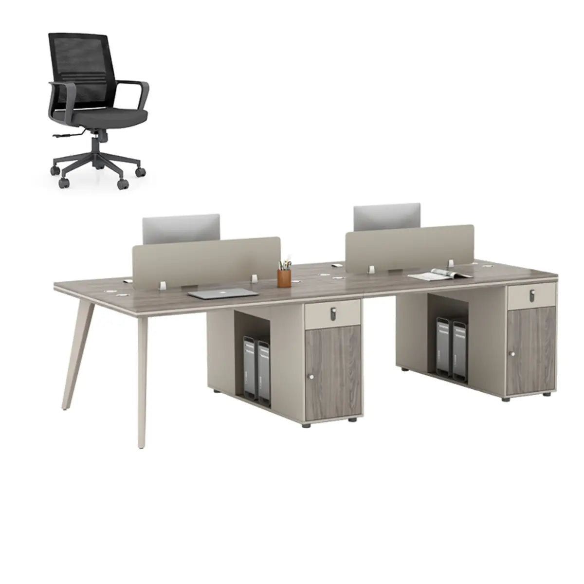 Executive Rectangular Wood Grain Desk Set with Cabinets Image - 16