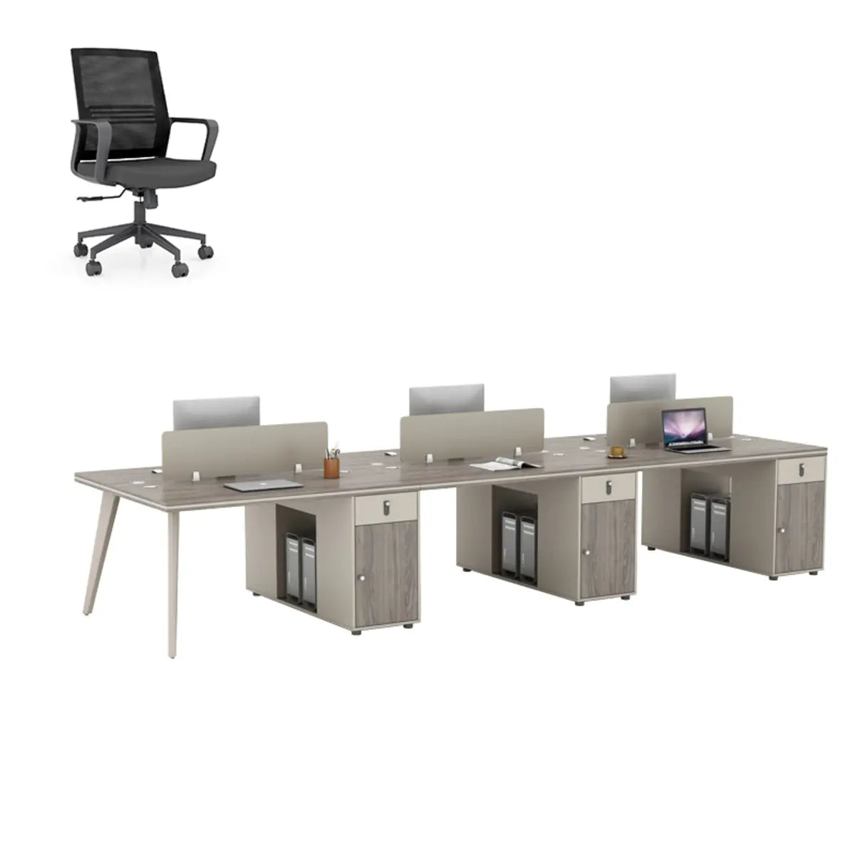 Executive Rectangular Wood Grain Desk Set with Cabinets Image - 18