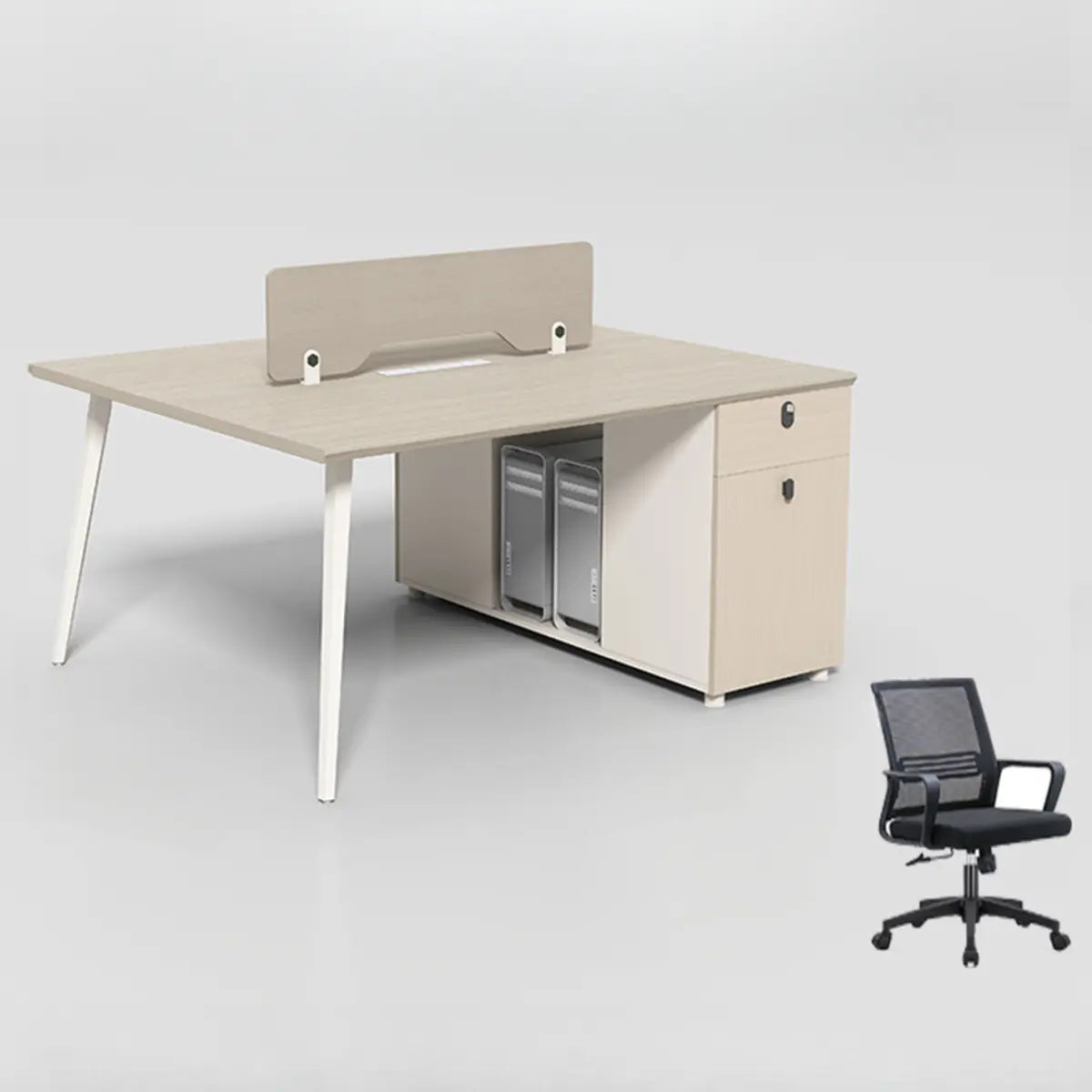 Executive Single Pedestal Wood White Storage Office Desk Set Image - 3