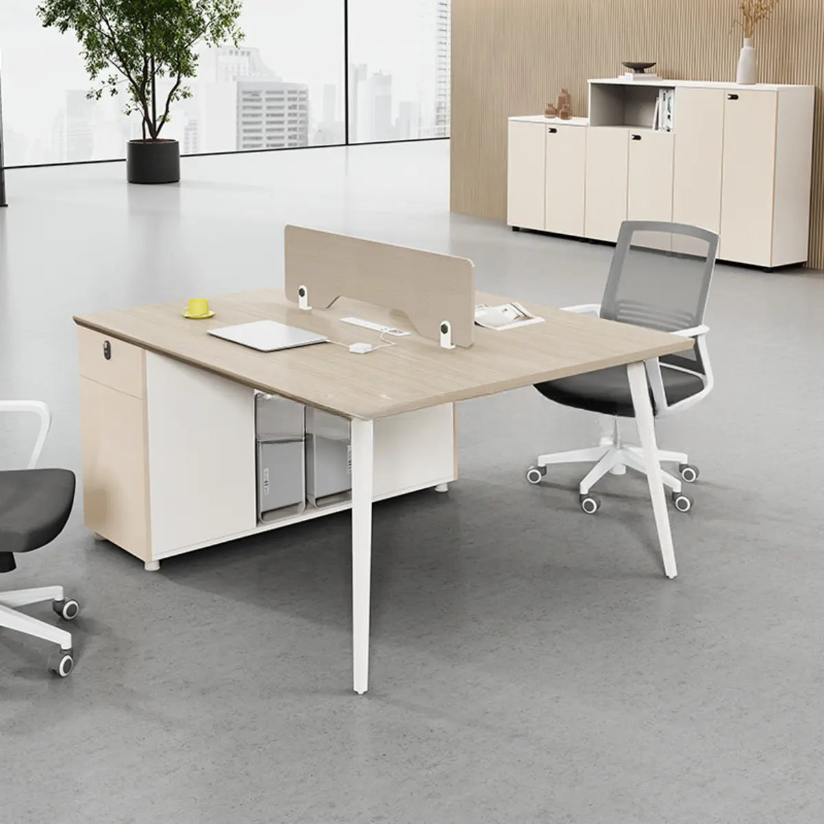 Executive Single Pedestal Wood White Storage Office Desk Set Image - 4