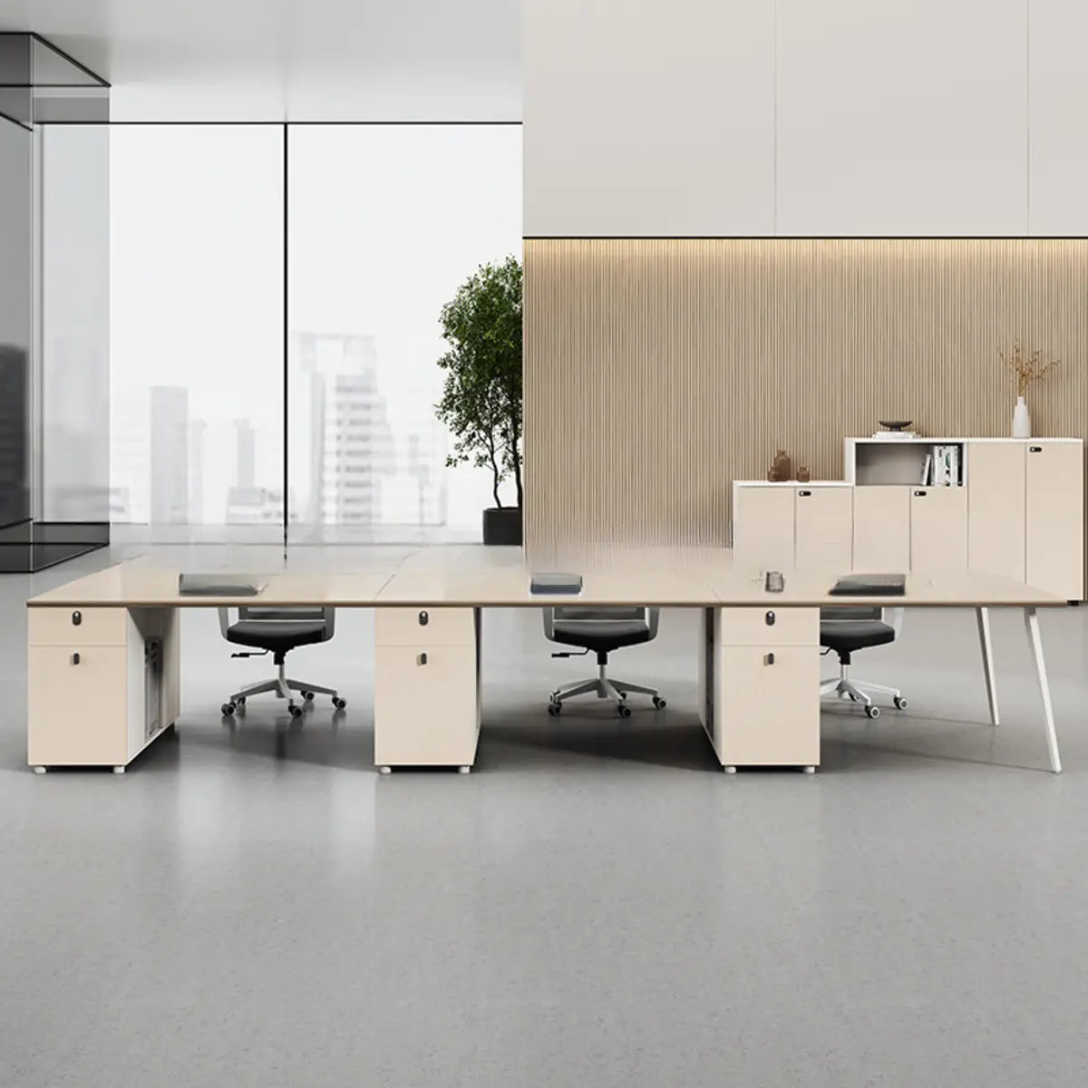 Executive Single Pedestal Wood White Storage Office Desk Set Image - 6