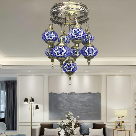 Exotic Mosaic Blue Glass Globes Hanging Chandelier Image - 1