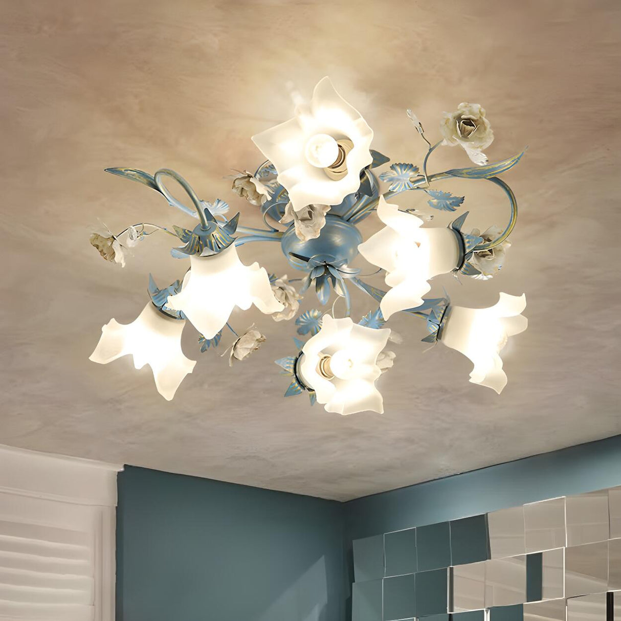 Exquisite Blue Floral 6-Head Semi-Flush Mount Light Image - 3