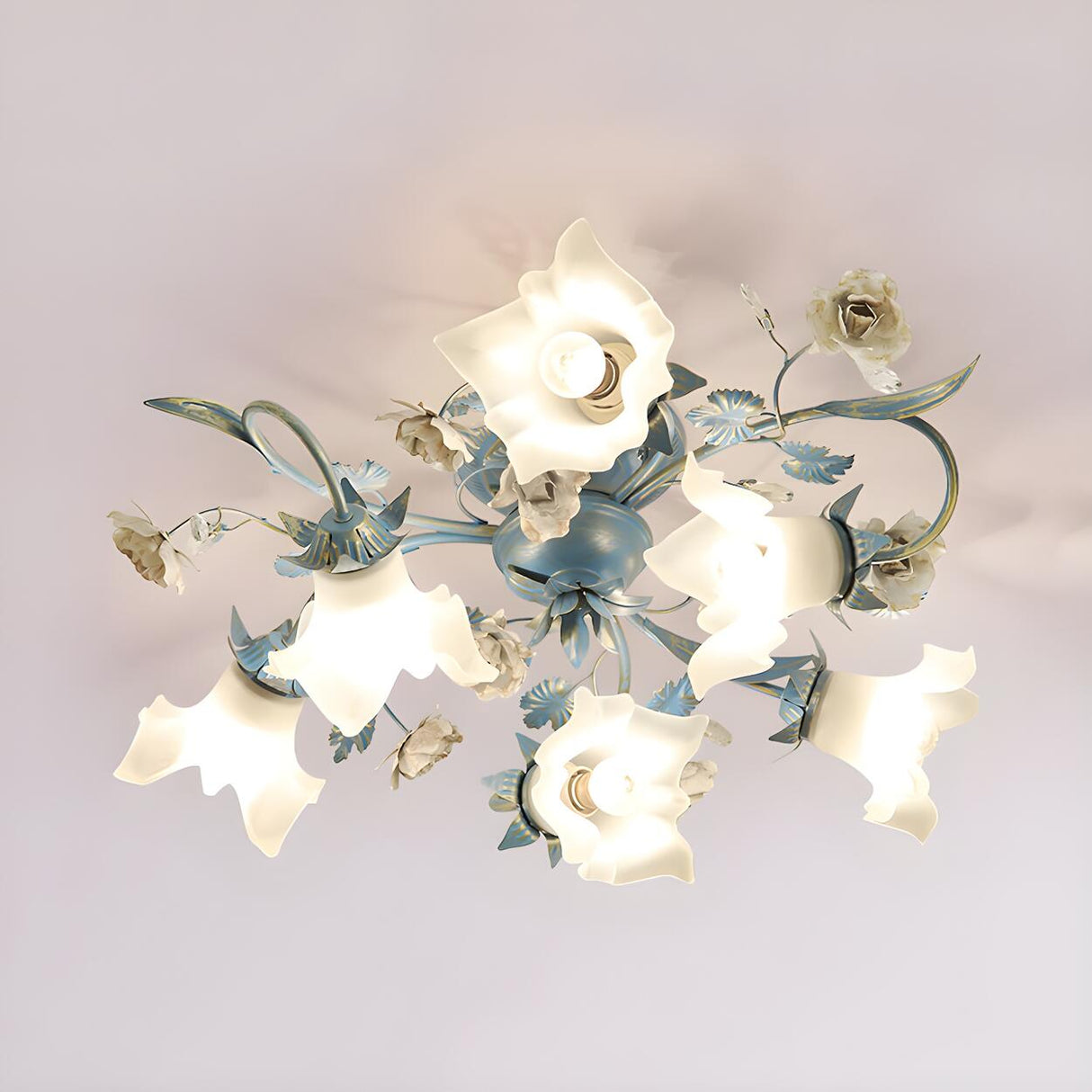 Exquisite Blue Floral 6-Head Semi-Flush Mount Light Image - 4