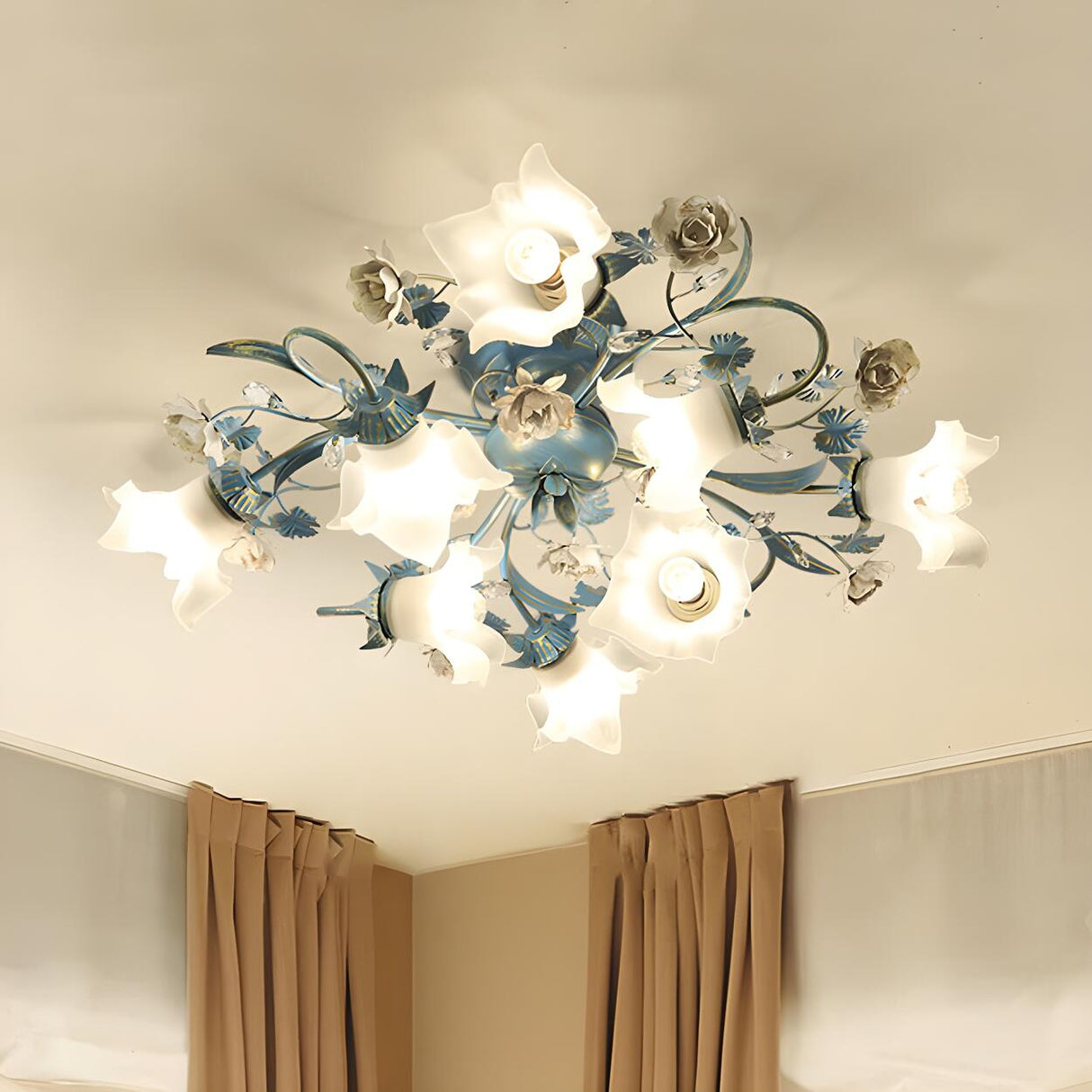 Exquisite Blue Floral 6-Head Semi-Flush Mount Light Image - 6