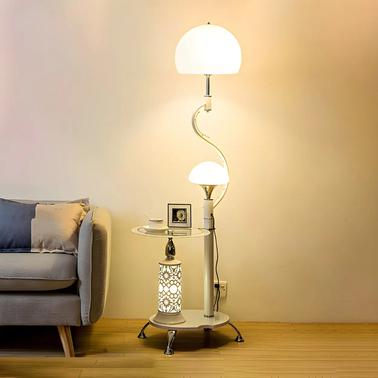 Exquisite Dome and  Curved Metal Floor Lamp with Shelf Image - 11