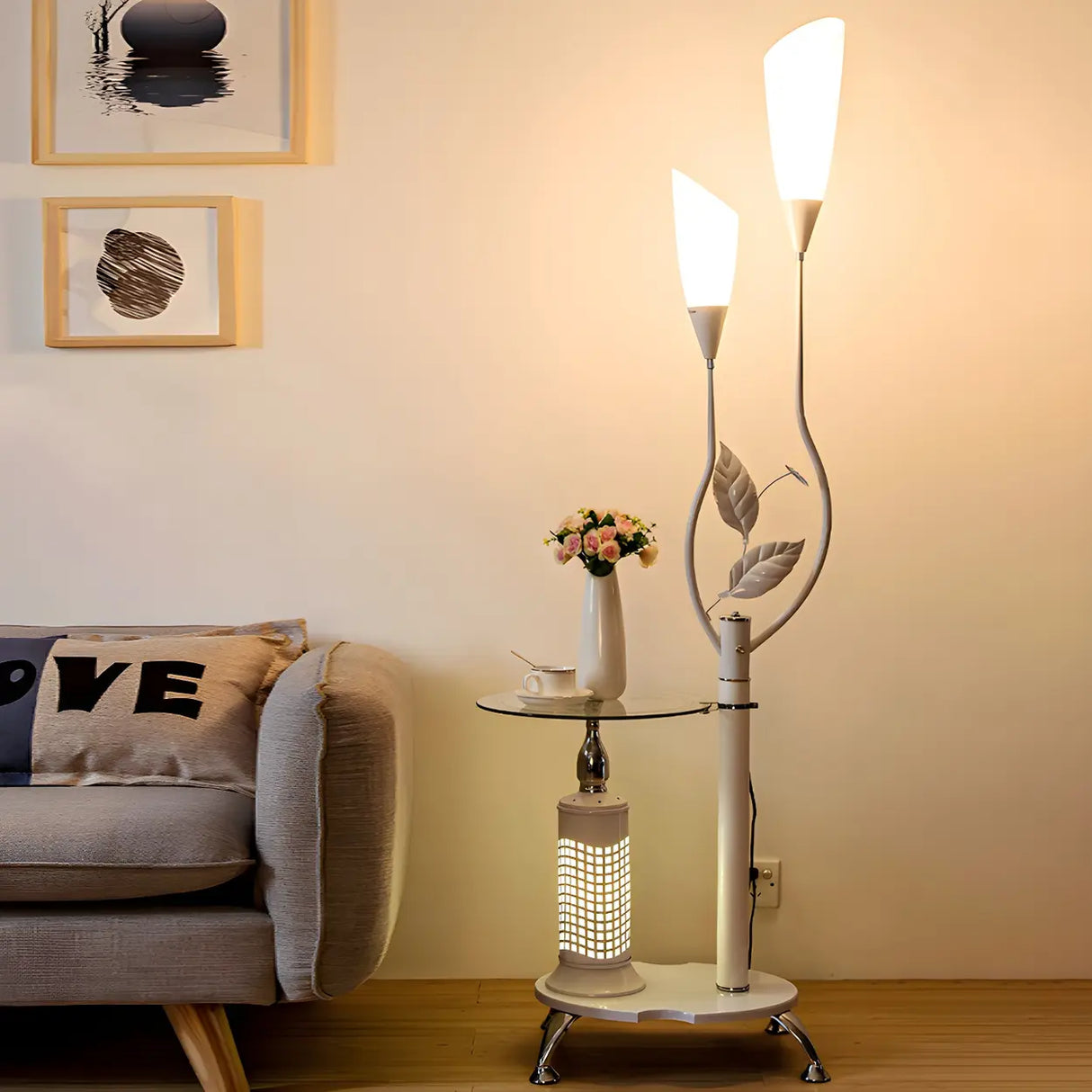 Exquisite Dome and  Curved Metal Floor Lamp with Shelf Image - 16