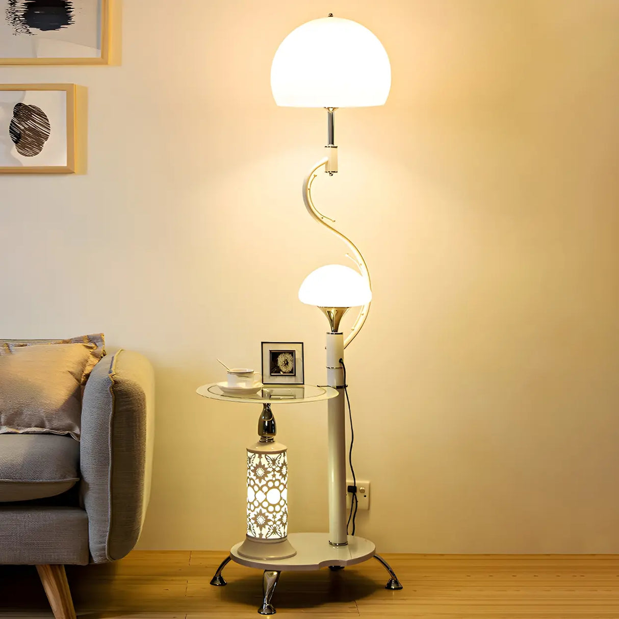 Exquisite Dome and  Curved Metal Floor Lamp with Shelf Image - 5