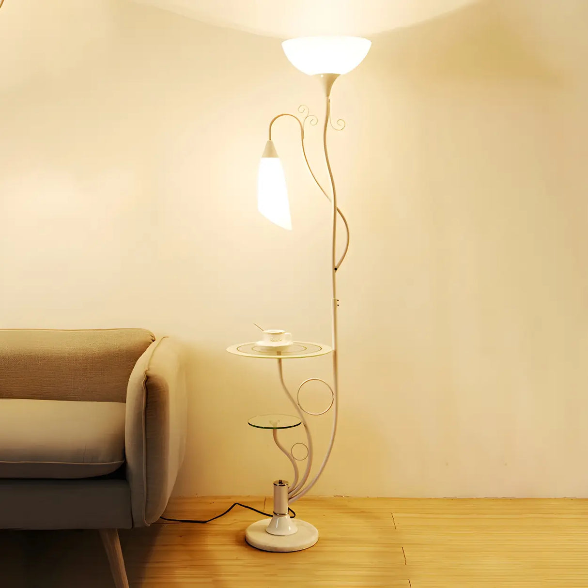 Exquisite Dome and  Curved Metal Floor Lamp with Shelf Image - 7