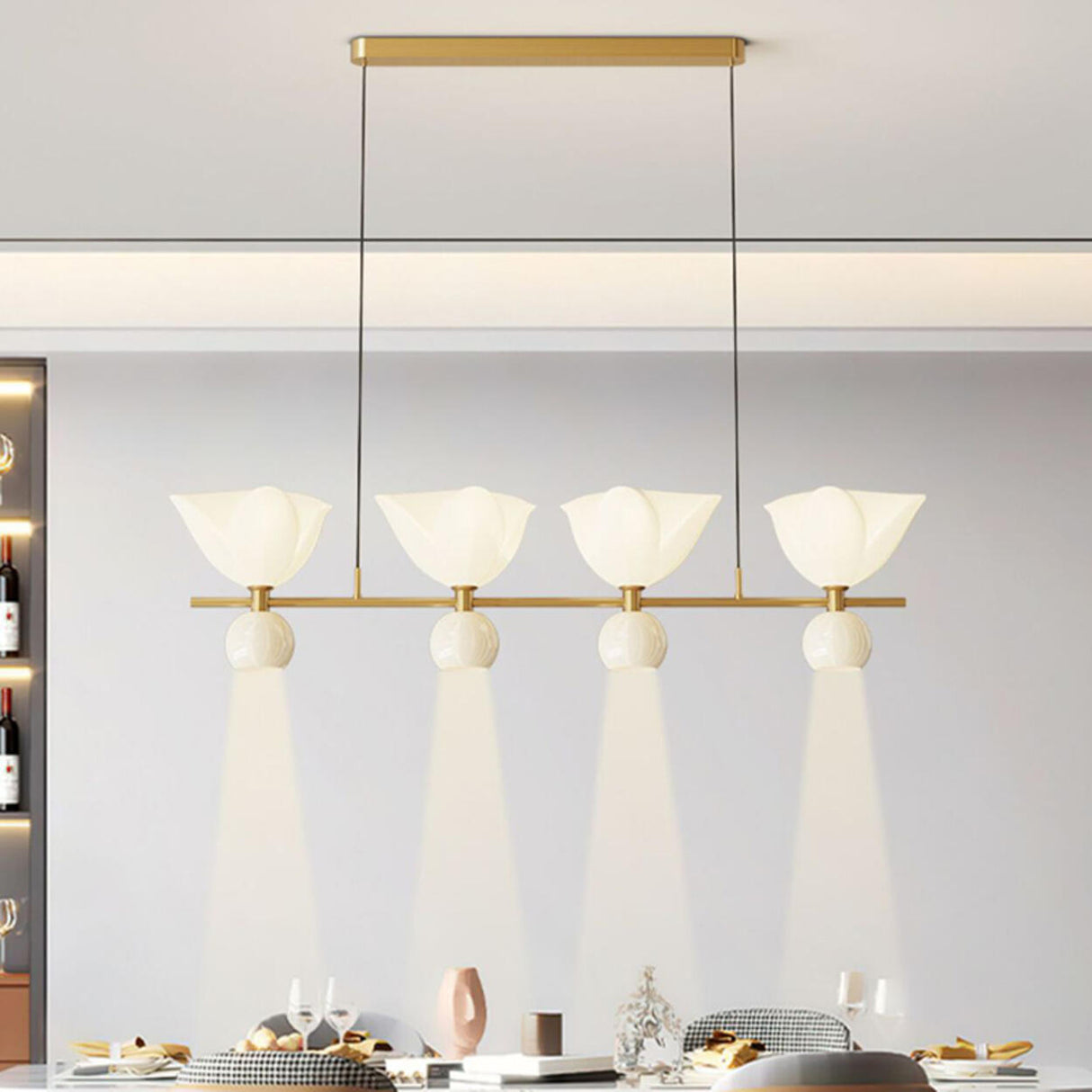 Exquisite Floral 4-Light Gold Rod Island Ceiling Light Image - 5