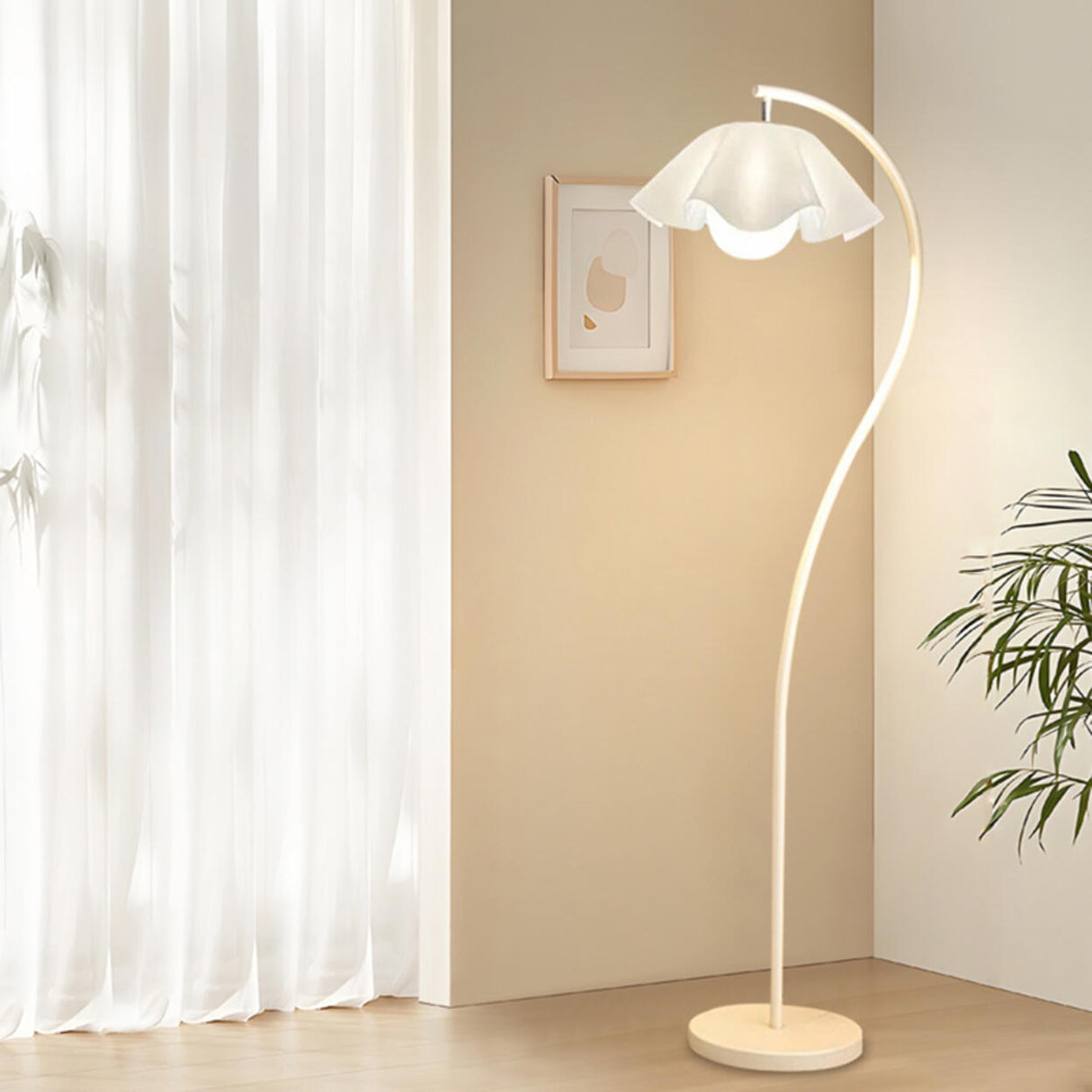 Exquisite Floral White Curved Metal LED Floor Lamp Image - 1