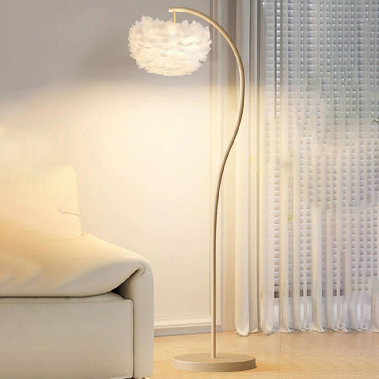 Exquisite Floral White Curved Metal LED Floor Lamp Image - 2