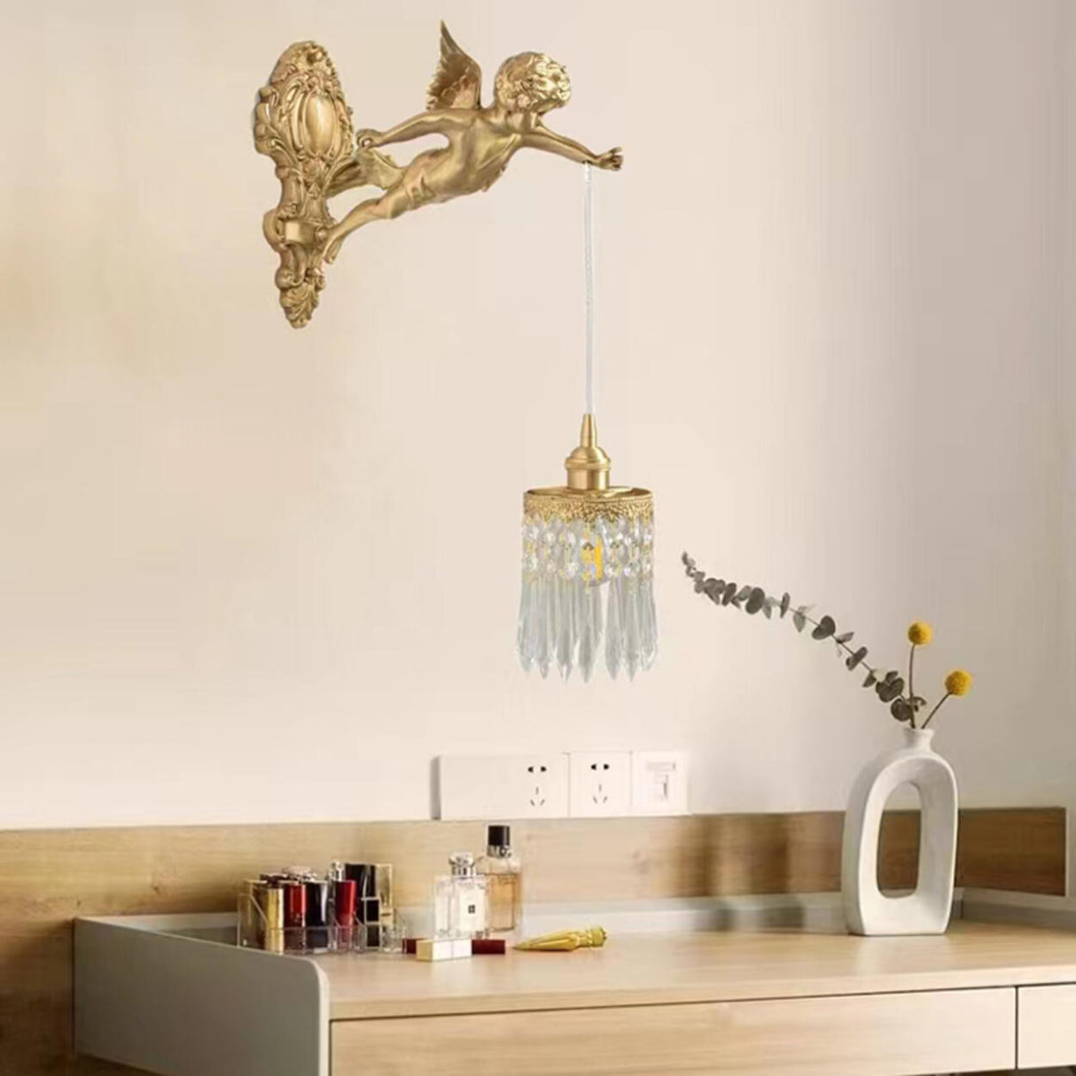 Exquisite Gold Angel Crystal Pendant Light Sconces Image - 1