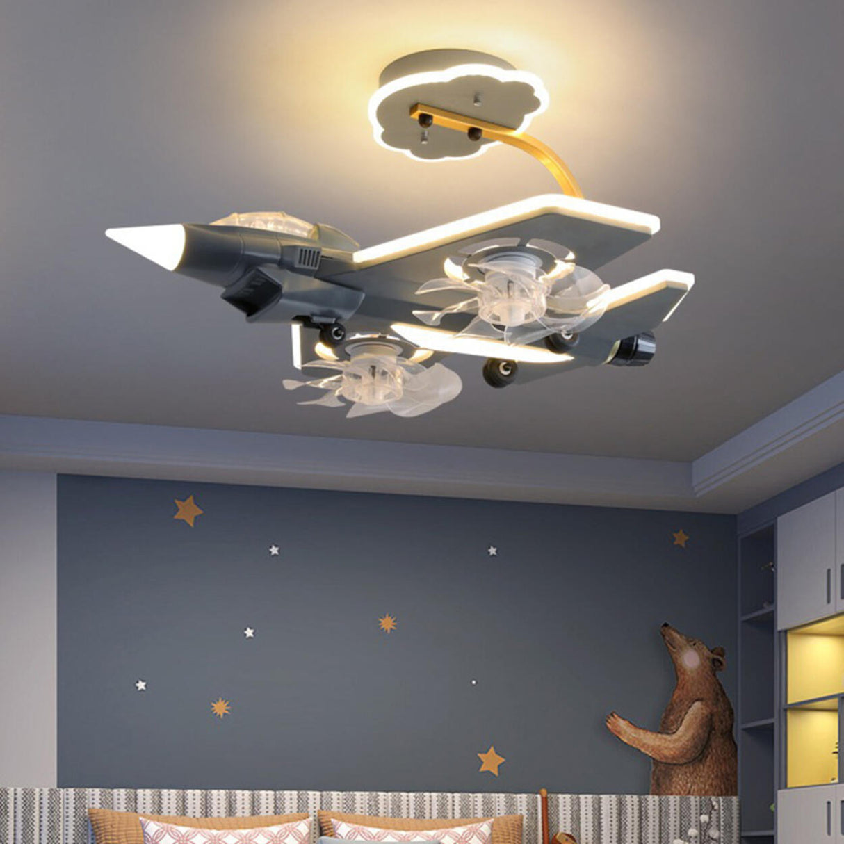 Exquisite Kids Room Grey Airplane Ceiling Fan Light Image - 4