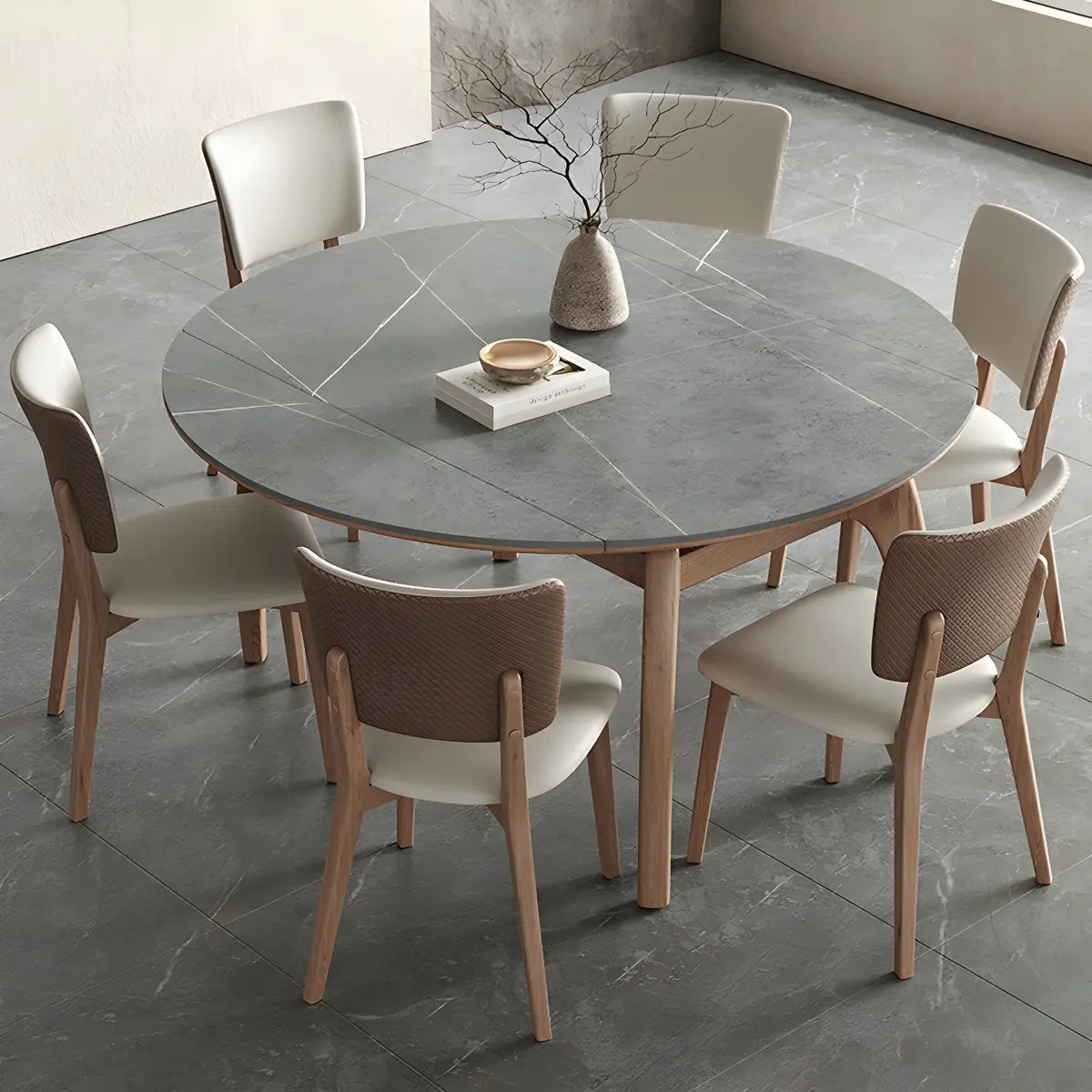 Extendable Modern Round Stone Dining Table Ash Wood Legs Image - 2