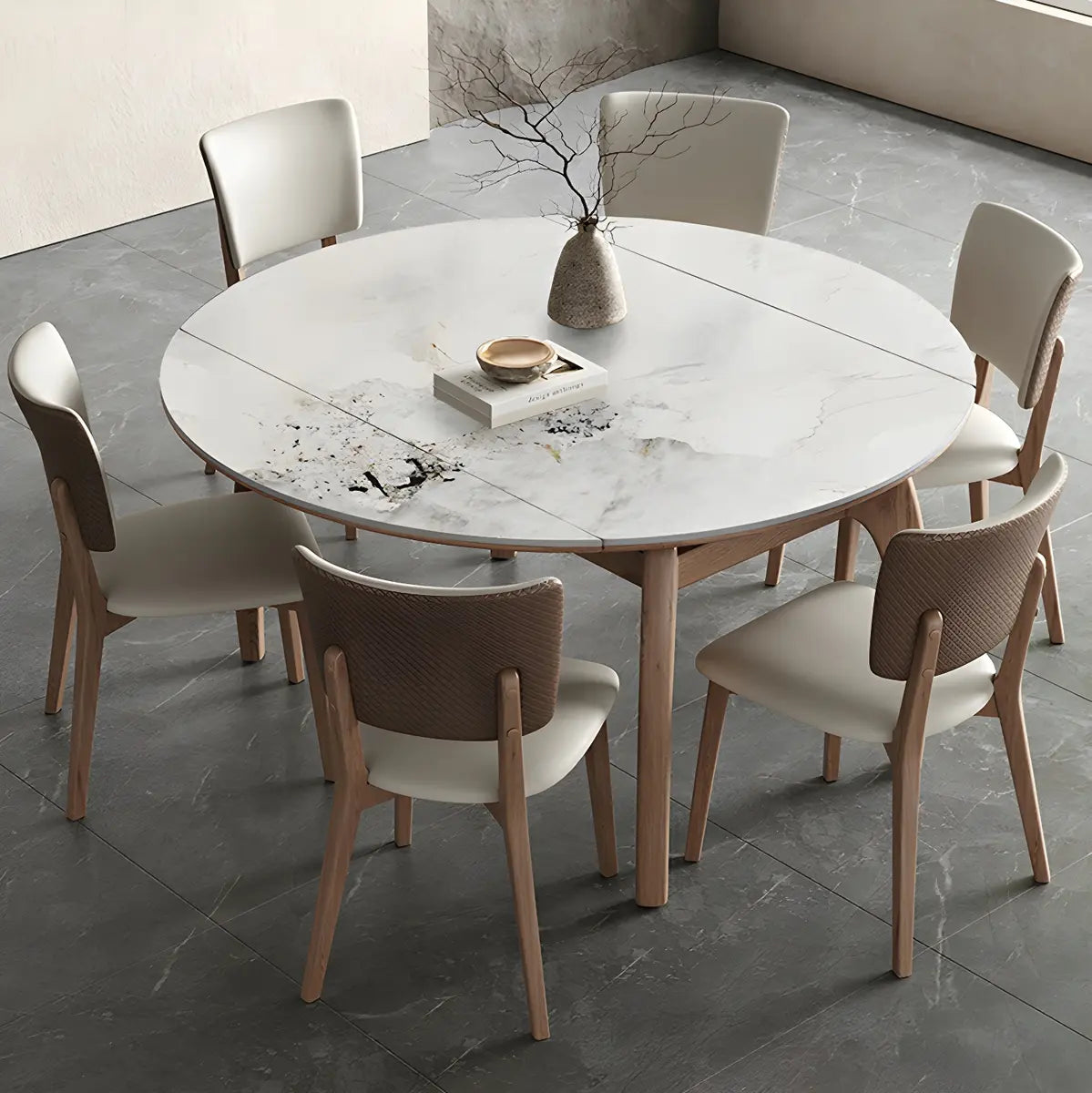 Extendable Modern Round Stone Dining Table Ash Wood Legs Image - 3