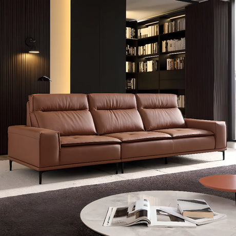 Extra Long Full Grain Cow Leather Biscuit Back Sofa Image - 1