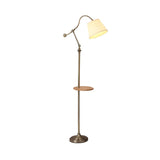 Fabric Barrel Bronze Swing Arm Floor Lamp with Shelf Image - 3