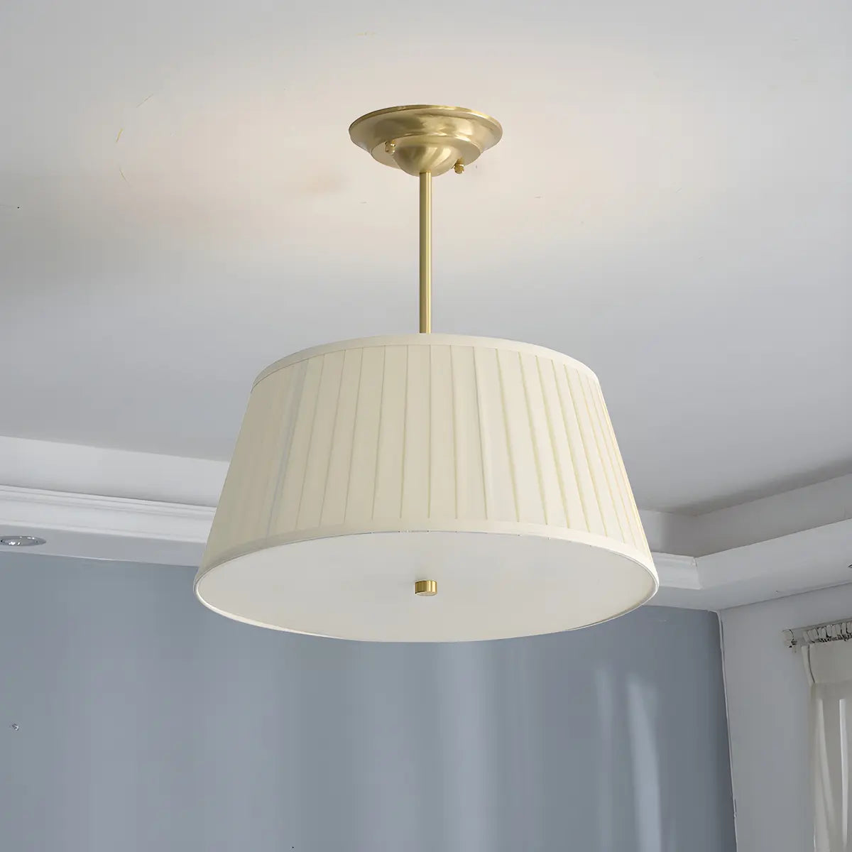 Fabric Beige Bedroom Downrod Drum Chandelier Lighting Image - 1