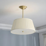 Fabric Beige Bedroom Downrod Drum Chandelier Lighting Image - 1