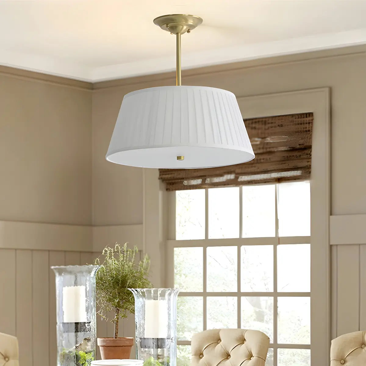 Fabric Beige Bedroom Downrod Drum Chandelier Lighting Image - 18