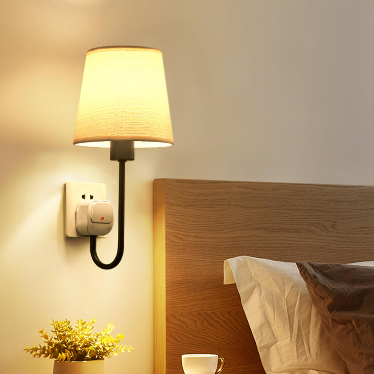 Fabric Shade Bedroom Cylinder Plug-in Wall Lamp Image - 1