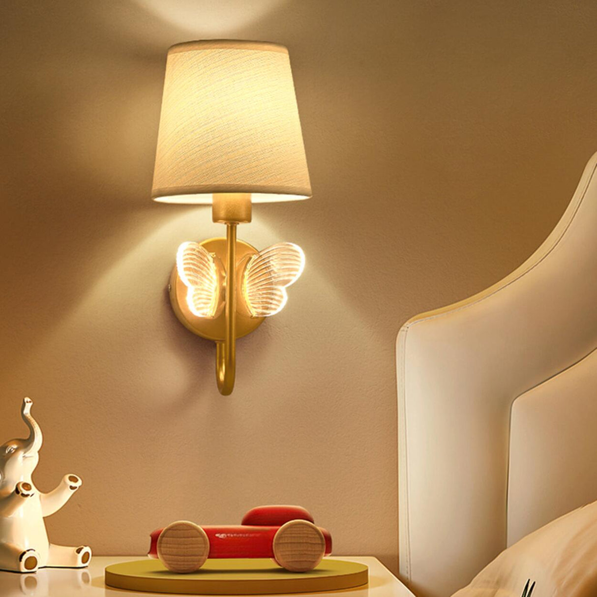 Fabric Shade Bedroom Cylinder Plug-in Wall Lamp Image - 7