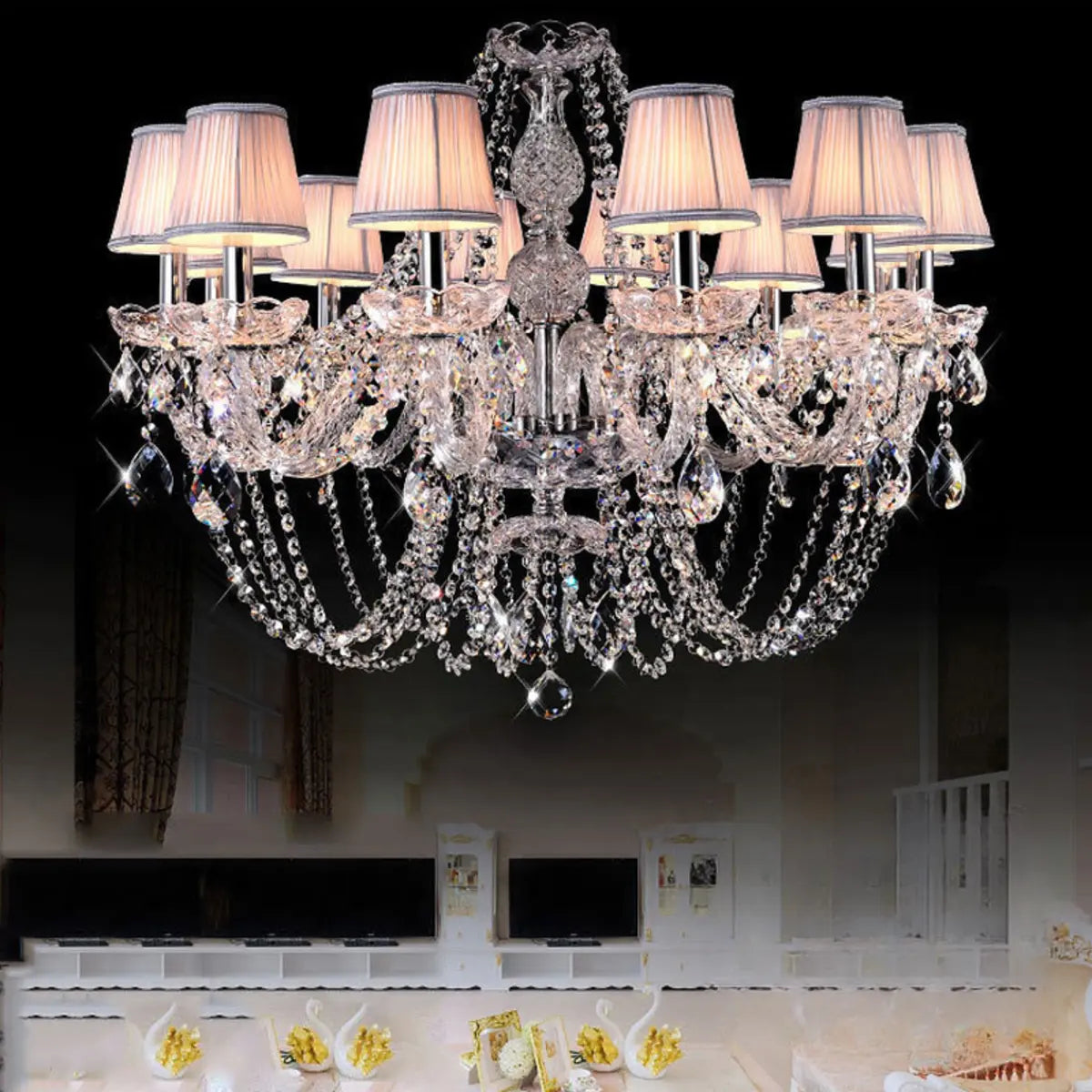 Fabric Shade Silver Living Room Beads Crystal Chandelier Image - 10