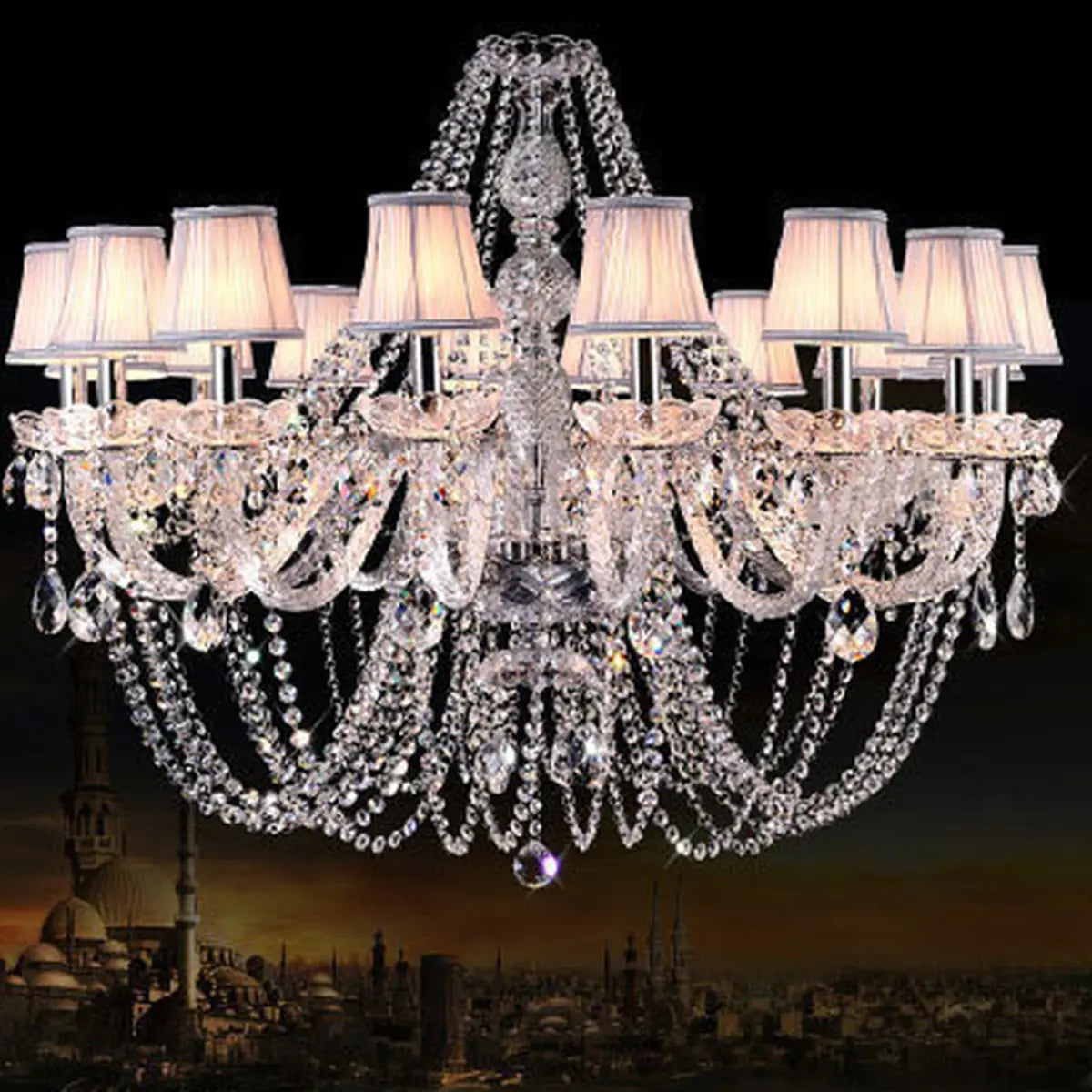 Fabric Shade Silver Living Room Beads Crystal Chandelier Image - 3