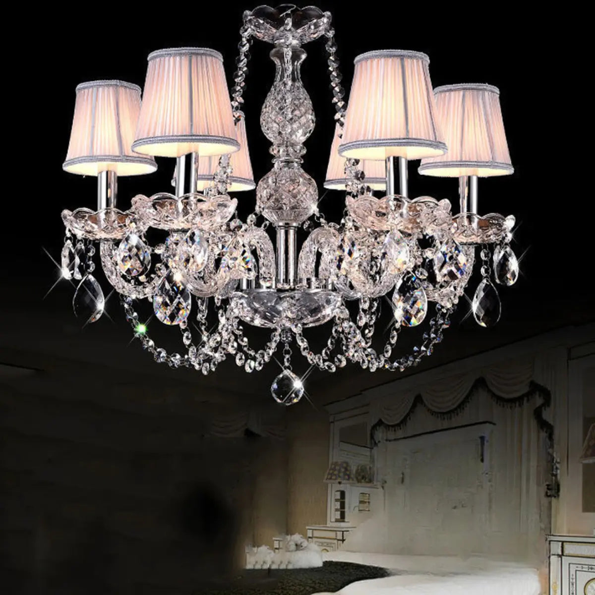 Fabric Shade Silver Living Room Beads Crystal Chandelier Image - 4