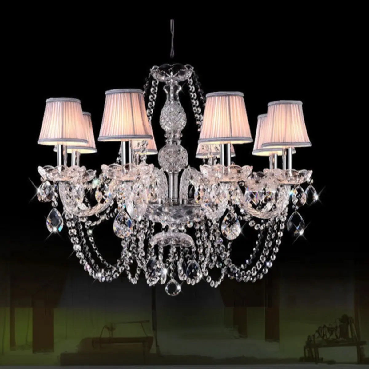 Fabric Shade Silver Living Room Beads Crystal Chandelier Image - 5