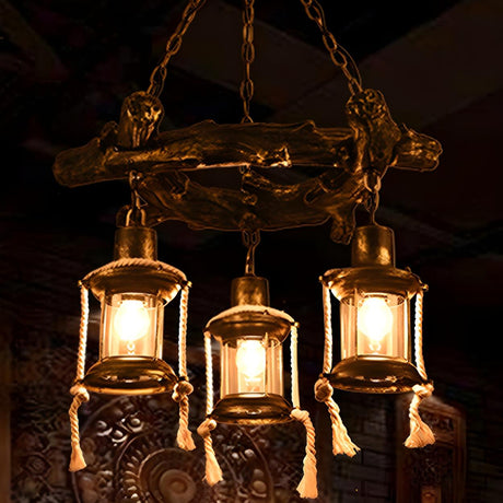 Farmhouse Bronze Clear Glass Lantern Pendant Chandelier Image - 1