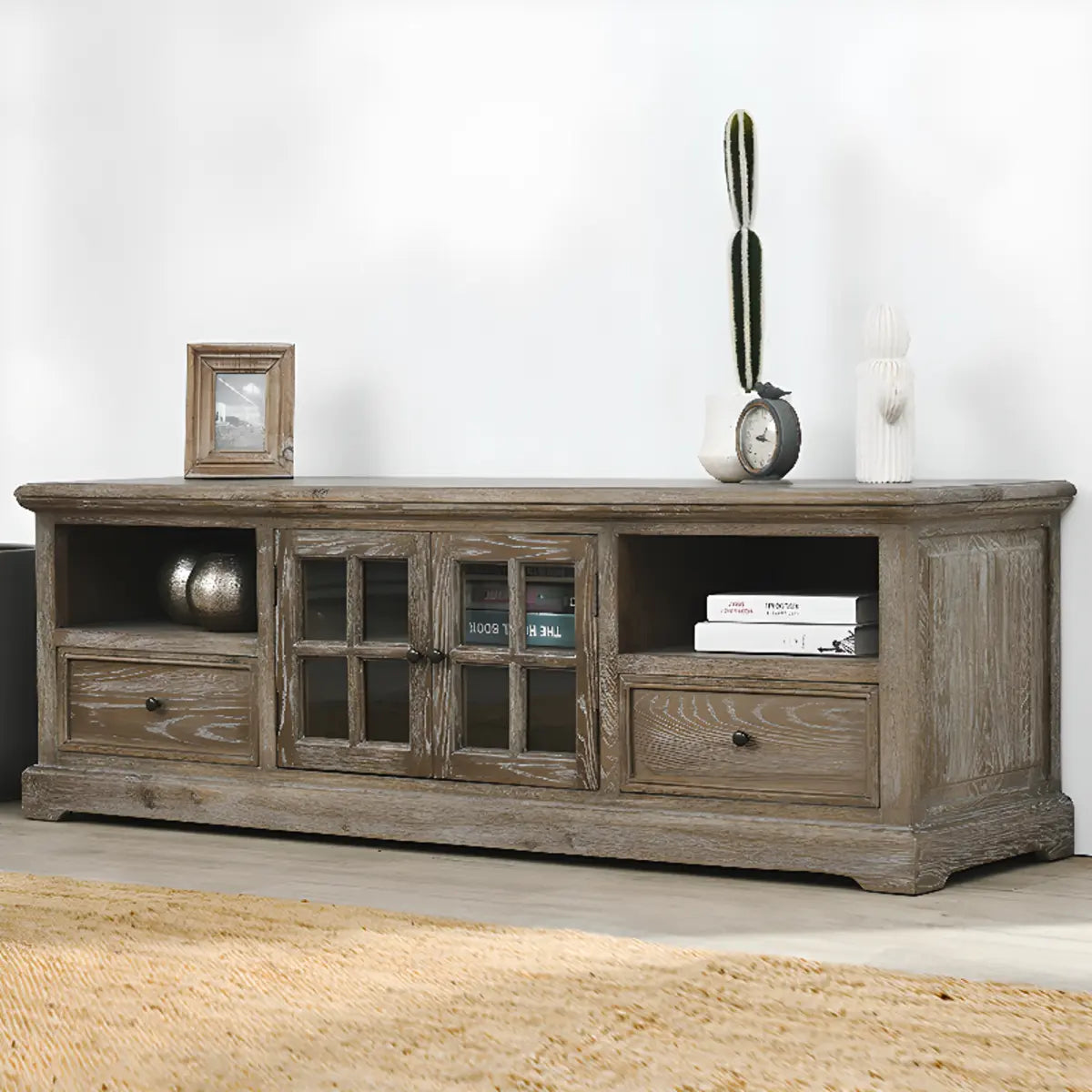 Farmhouse Distressed Wood TV Stand with Drawers Cabinet Image - 2