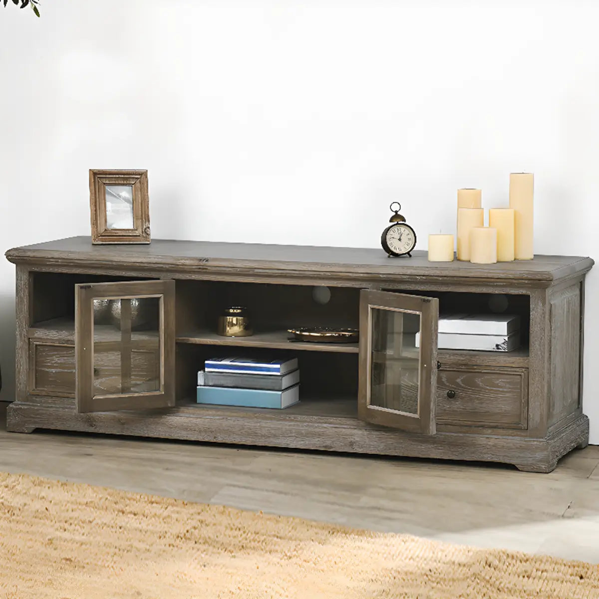 Farmhouse Distressed Wood TV Stand with Drawers Cabinet Image - 4