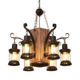 Farmhouse Restayrant Wood Lantern Clear Glass Chandelier Image - 2