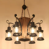 Farmhouse Restayrant Wood Lantern Clear Glass Chandelier Image - 3