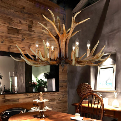 Farmhouse Rustic Candle Antler Resin Chandelier Dining Room Image - 2