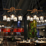 Farmhouse Rustic Restaurant Lantern Wood and Iron Chandelier Image - 1